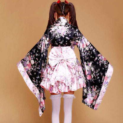 Cosplay Flower Print Bowknot Kimono Costume