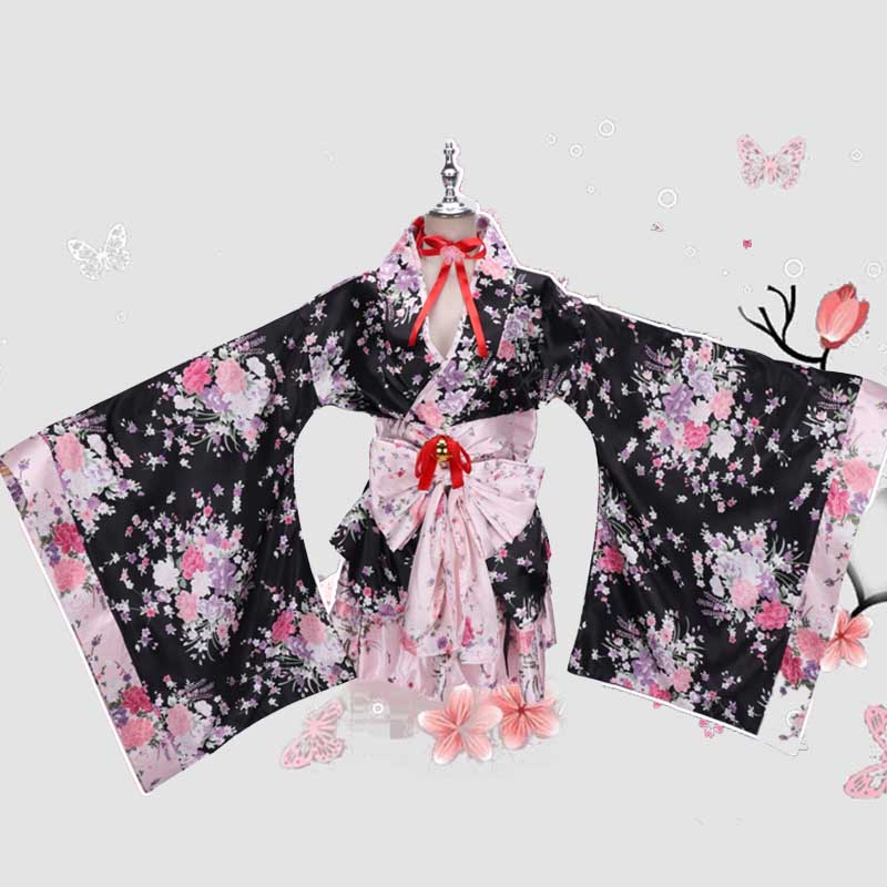 Cosplay Flower Print Bowknot Kimono Costume