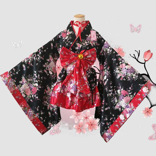 Cosplay Flower Print Bowknot Kimono Costume