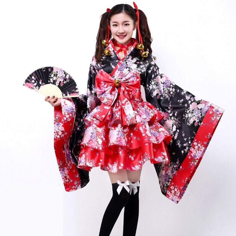 Cosplay Flower Print Bowknot Kimono Costume