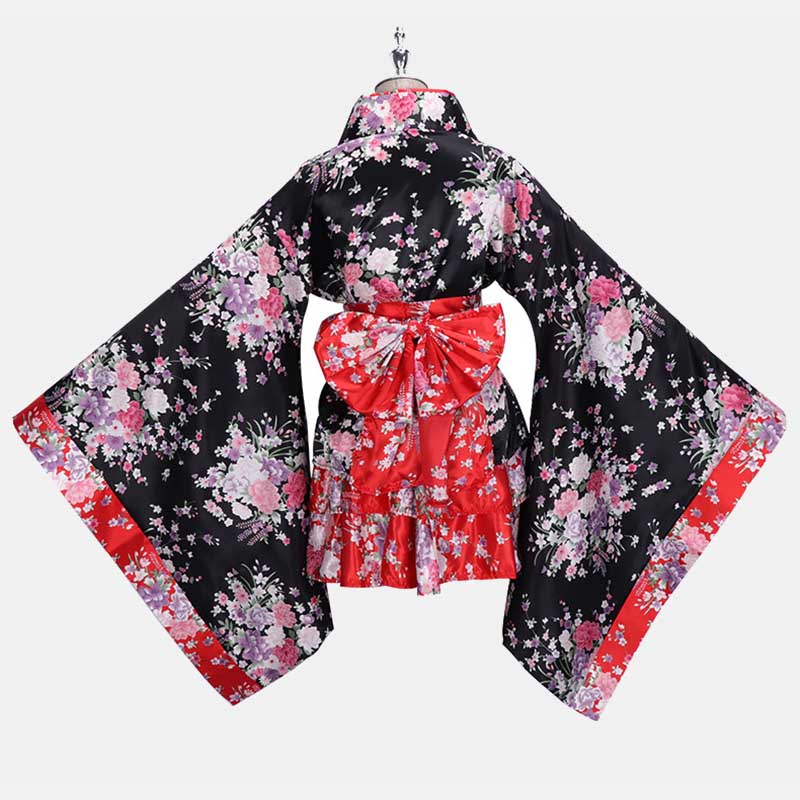 Cosplay Flower Print Bowknot Kimono Costume