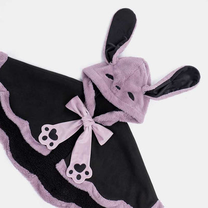 Purple Long Bunny Ears Hooded Bowknot Plush Short Cape