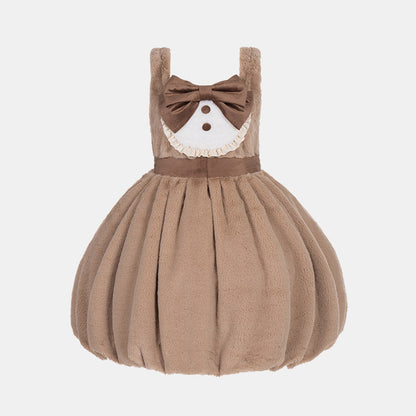 Lolita Bowknot Plush Overalls Puff Sleeve Lace Shirt