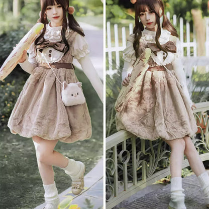 Lolita Bowknot Plush Overalls Puff Sleeve Lace Shirt