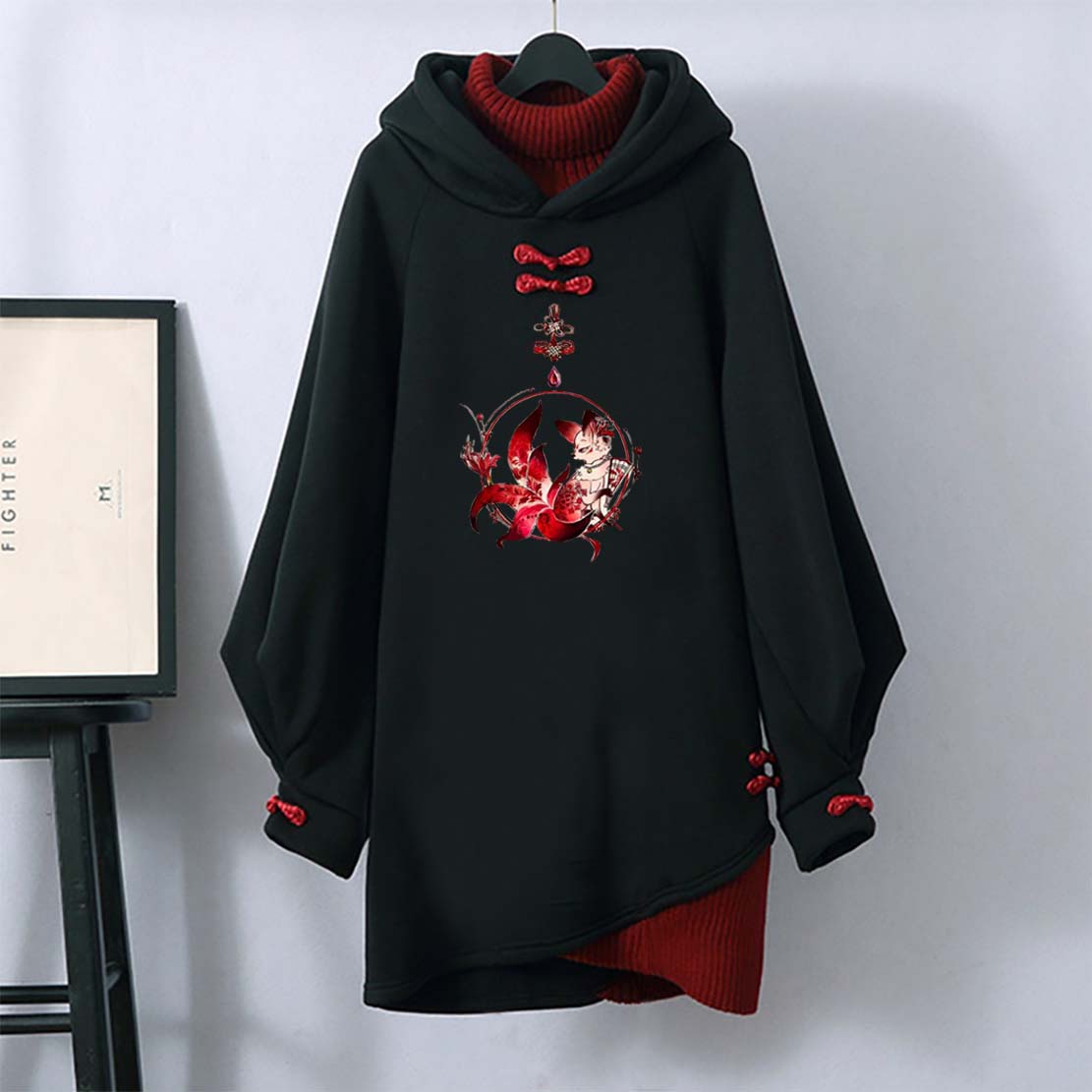 Black Fox Buckle Long Hooded Sweatshirt Dress