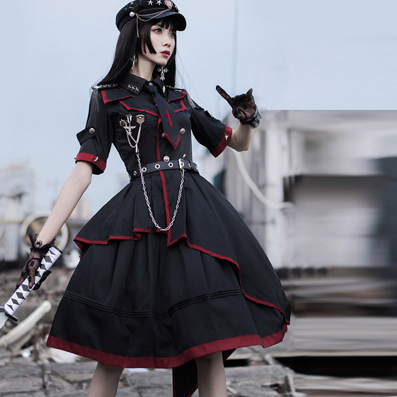 Y2K Gothic Lolita One Piece Dress Military Uniform