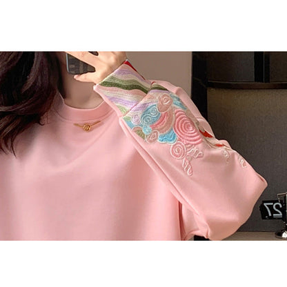 Pink Embroidery Round Collar Sweatshirt