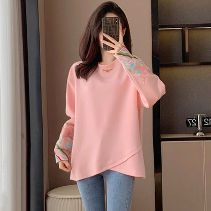 Pink Embroidery Round Collar Sweatshirt