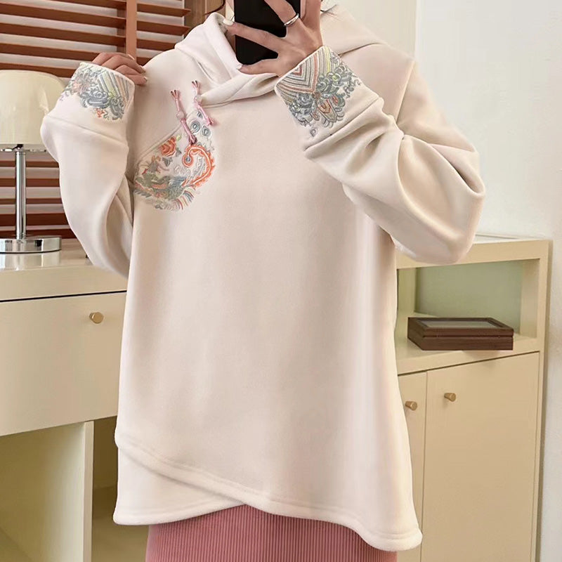 Stylish Embroidery Oblique Plush Hoodie