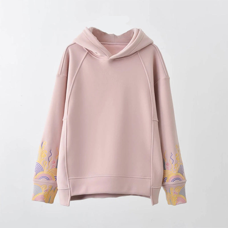 Casual Floral Embroidery Plush Loose Hoodie