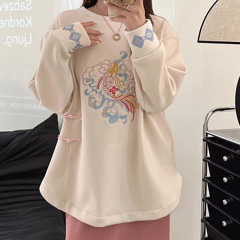 Charming Koi Fish Embroidery Round Collar Sweatshirt