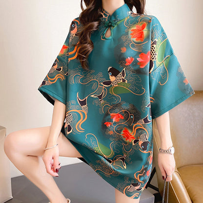 Vintage Floral Embroidery Short Sleeve Cheongsam Dress