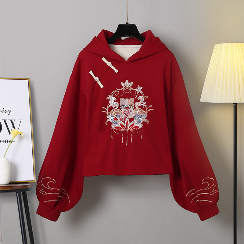 Casual Crane Embroideriy Sweater Hoodie Dragon Pattern Split Pants