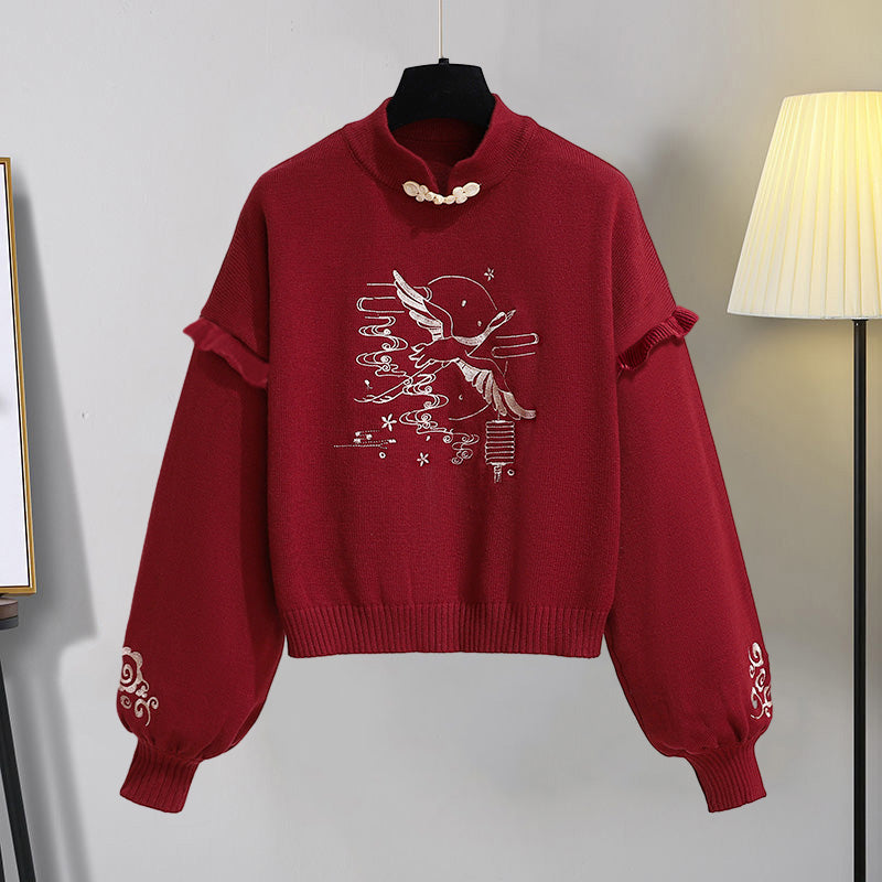 Red Vintage Crane Sweater Hoodie Dragon Pattern Split Pants