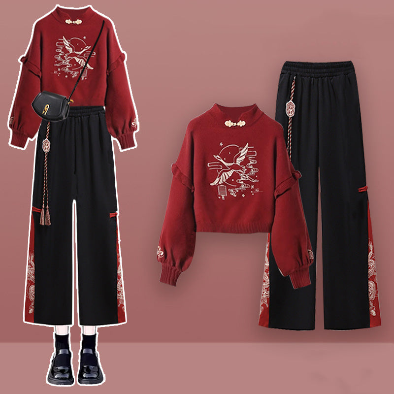 Casual Crane Embroideriy Sweater Hoodie Dragon Pattern Split Pants