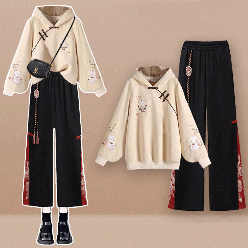 Casual Crane Embroideriy Sweater Hoodie Dragon Pattern Split Pants