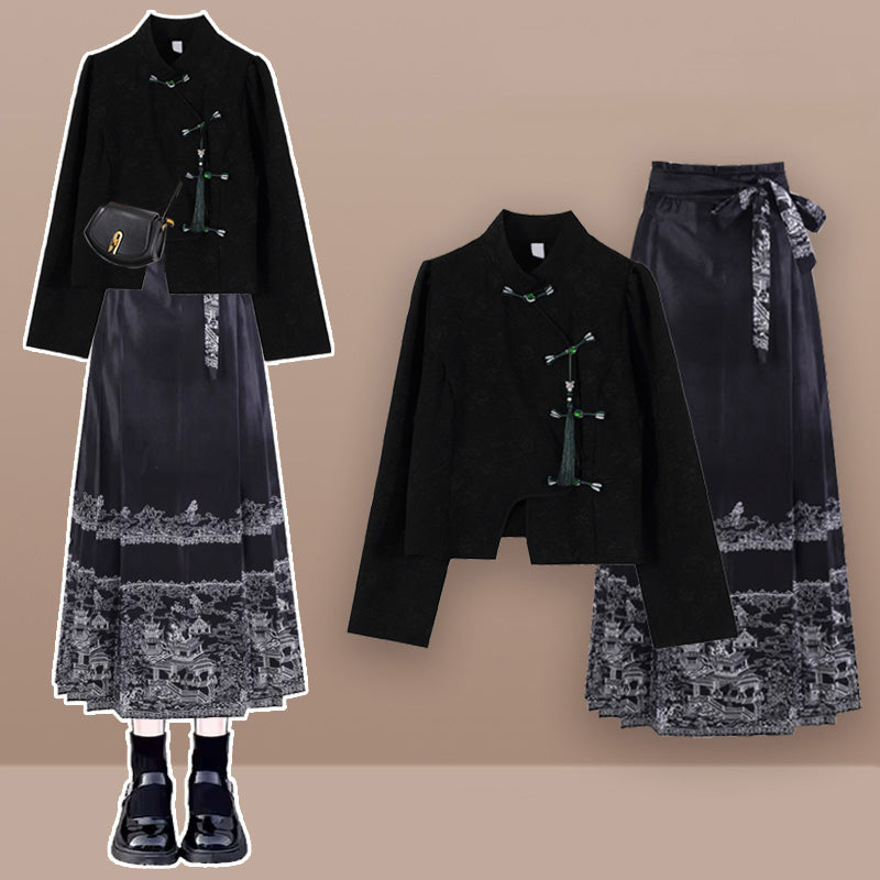 Magnificent Buckle Tassel Shirt High Waist Embroideried Pleated Skirt