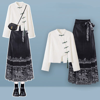 Magnificent Buckle Tassel Shirt High Waist Embroideried Pleated Skirt