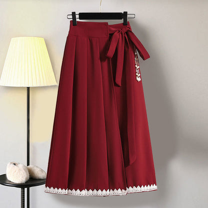 Red Flower Embroideried Hoodie Plush Pleated Skirt