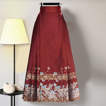 Red Flower Embroideried Hoodie High Waist Pleated Skirt