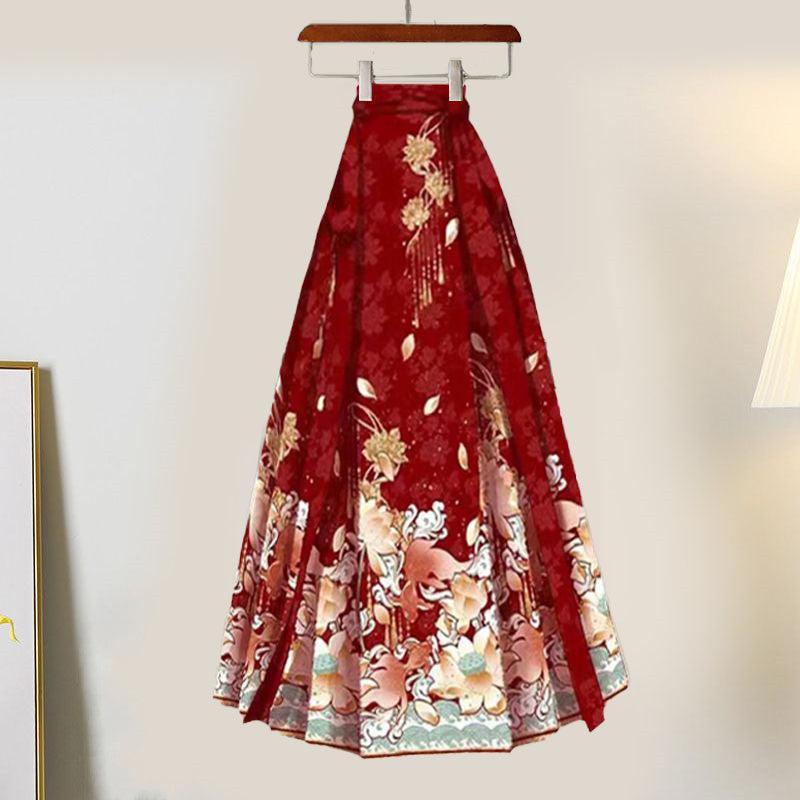 Vintage Fish Embroideried Sweater High Waist Pleated Skirt