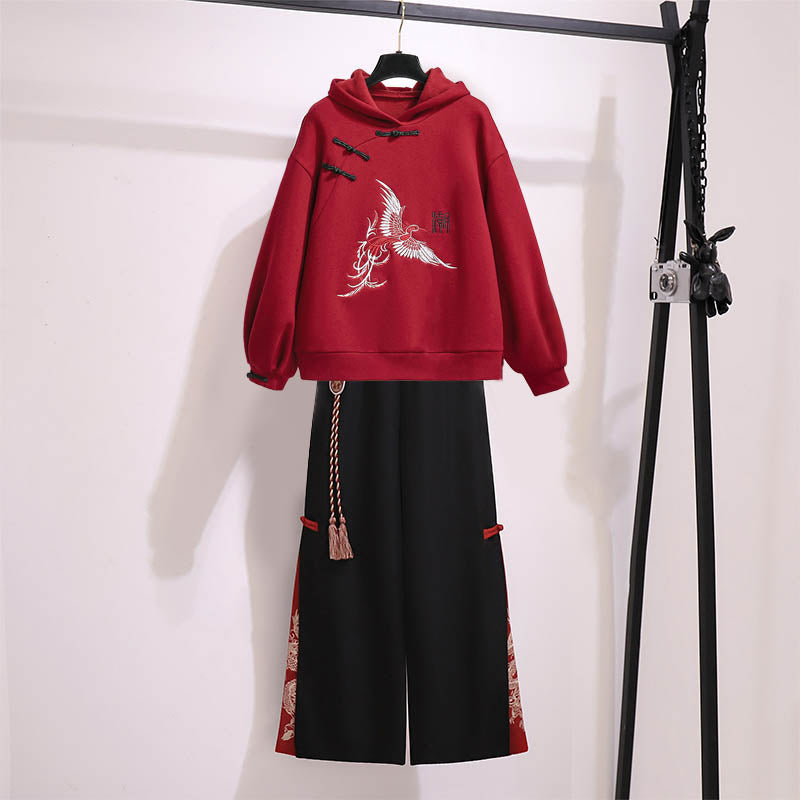 Red Vintage Dragon Hoodie Wide Leg Split Pants