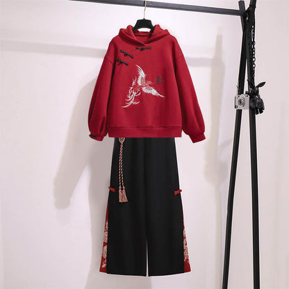 Vintage Dragon Embroideried Hoodie Wide Leg Split Pants