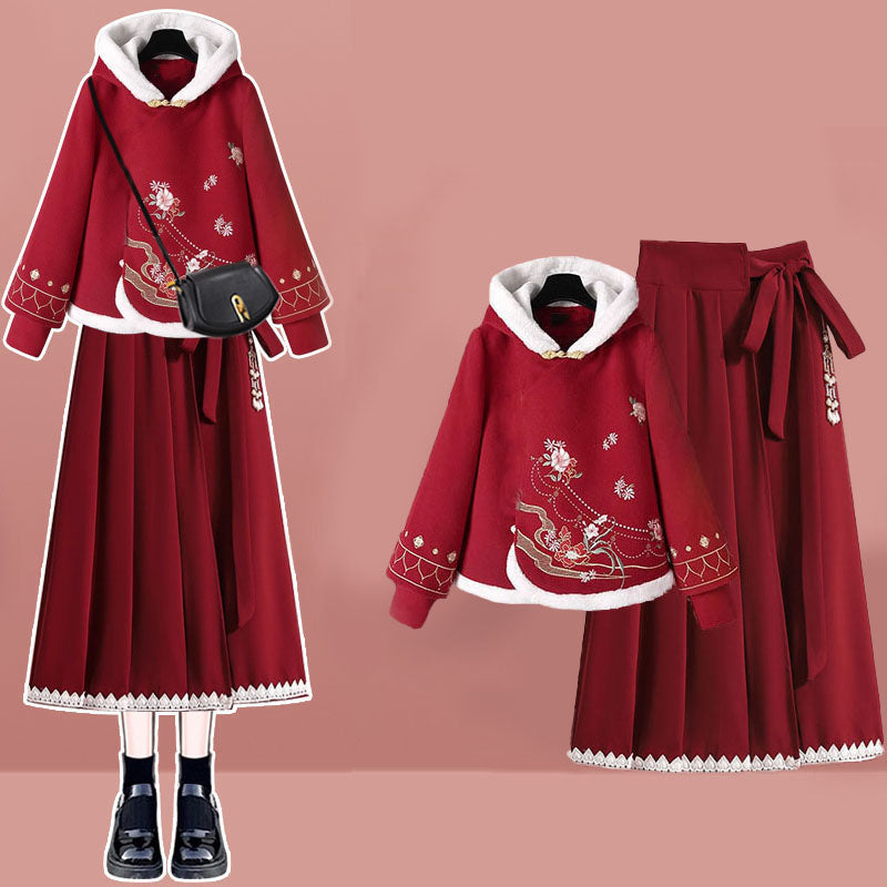 Red Flower Embroideried Hoodie Plush Pleated Skirt