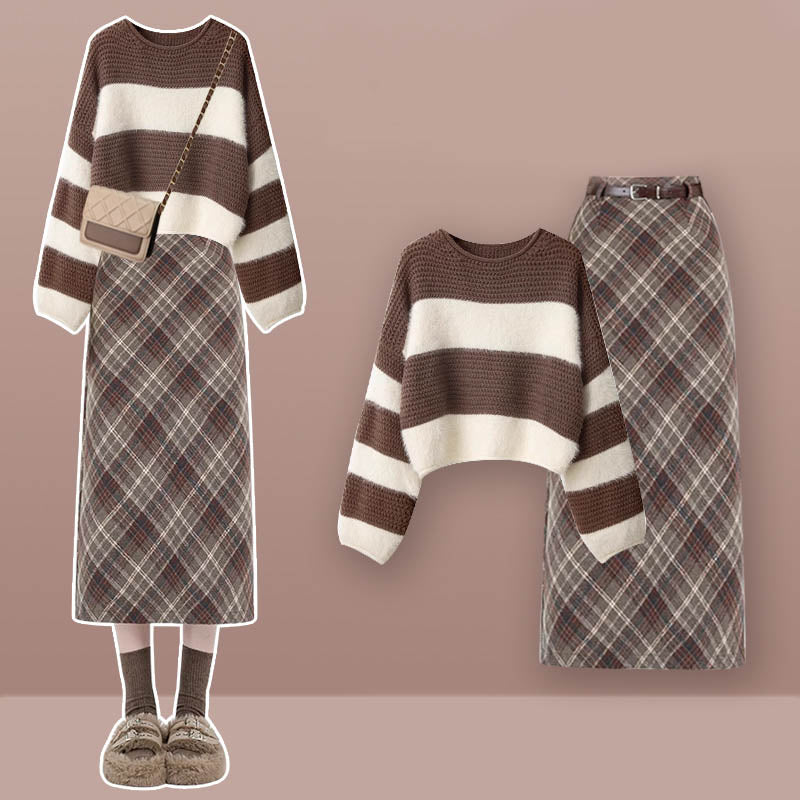 Brown Colorblock Stripe Sweater Plaid Print Skirt