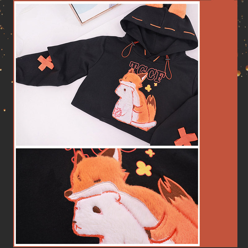 Fox Embroidery Pocket Loose Hoodie