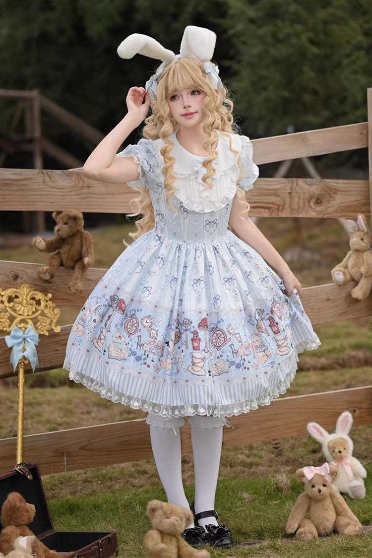 Light Blue Alice’s Fantasy Tale Doll Collar Short Sleeves Printed Bow Sweet Dress