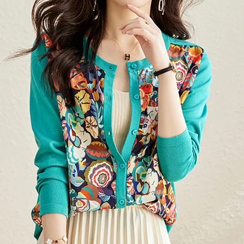 Green Crew Neck Knitted Flowers Cardigan