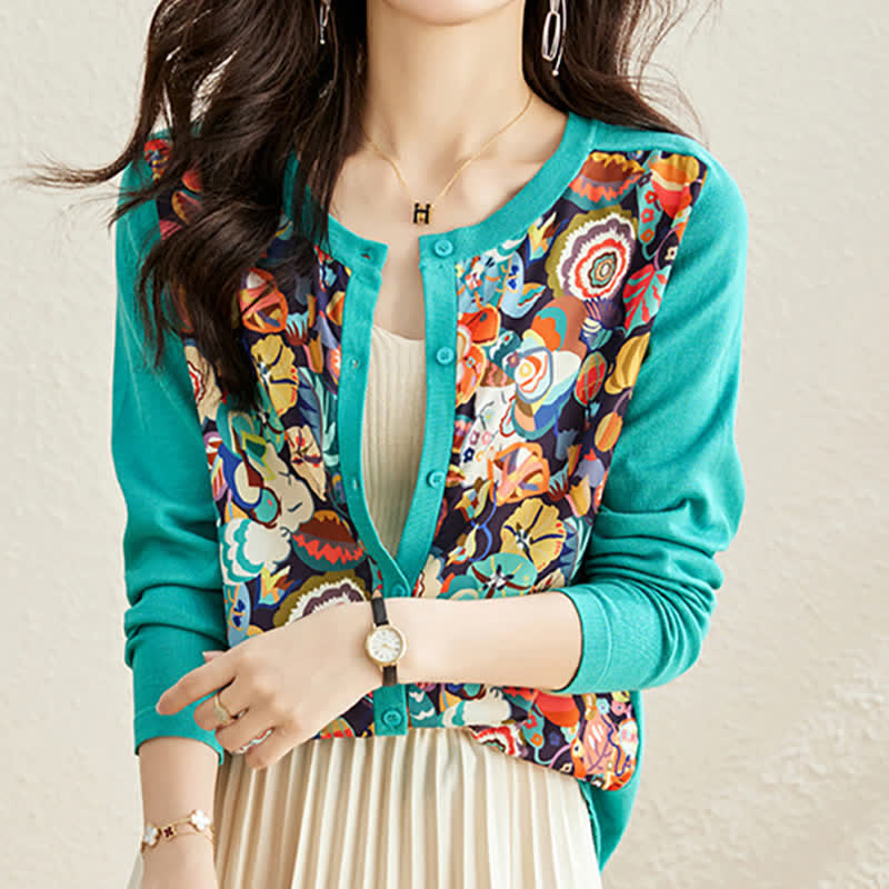 Green Crew Neck Knitted Flowers Cardigan