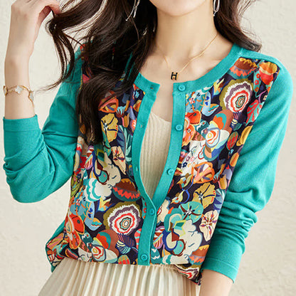 Green Crew Neck Knitted Flowers Cardigan