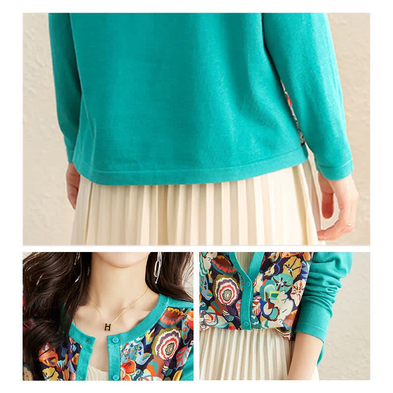 Green Crew Neck Knitted Flowers Cardigan