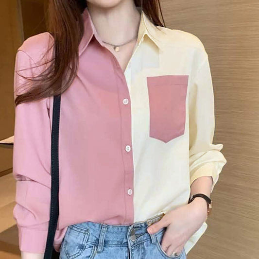 Vintage Pink Colorblock Lapel Chiffon Shirt