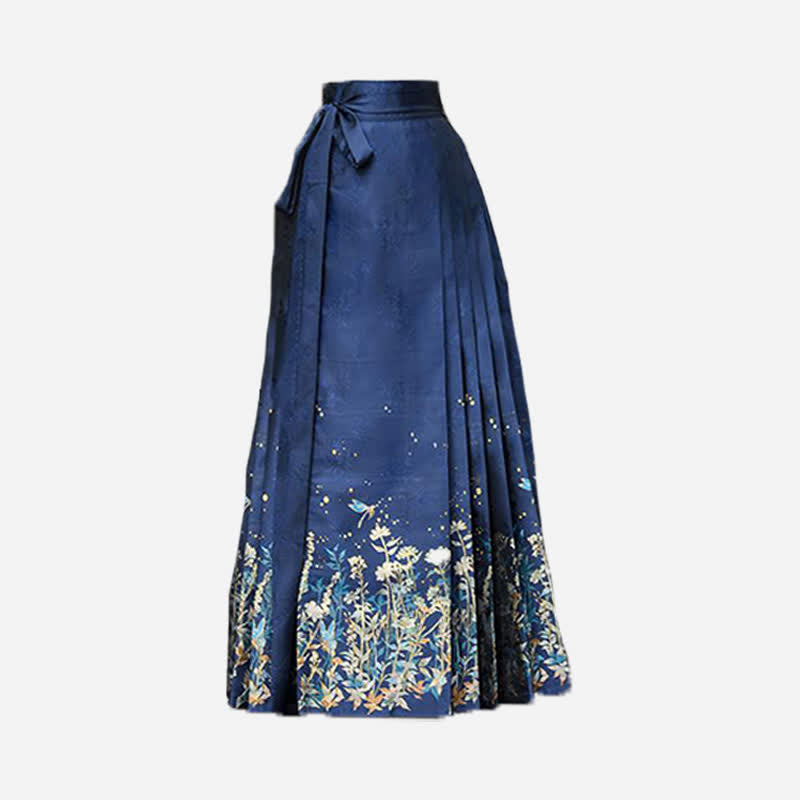 Vintage Blue Floral Embroidery Sweatshirt Pleated Skirt