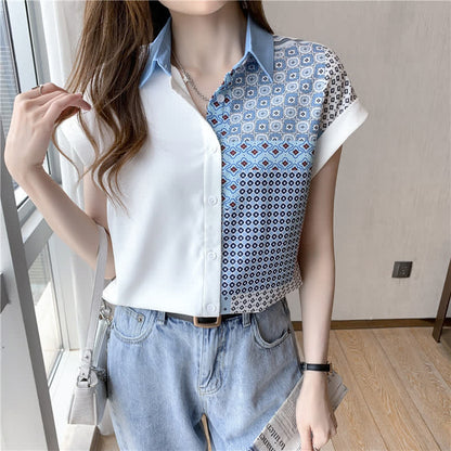 Colorblock Printed Short Sleeve Lapel Shirt