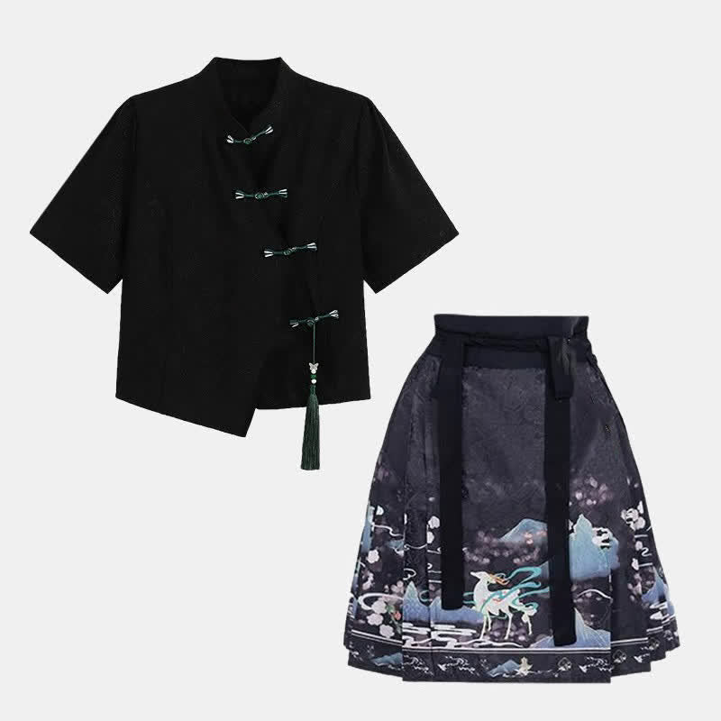 Vintage Buckle T-Shirt High Waist Pleated Mini Skirt