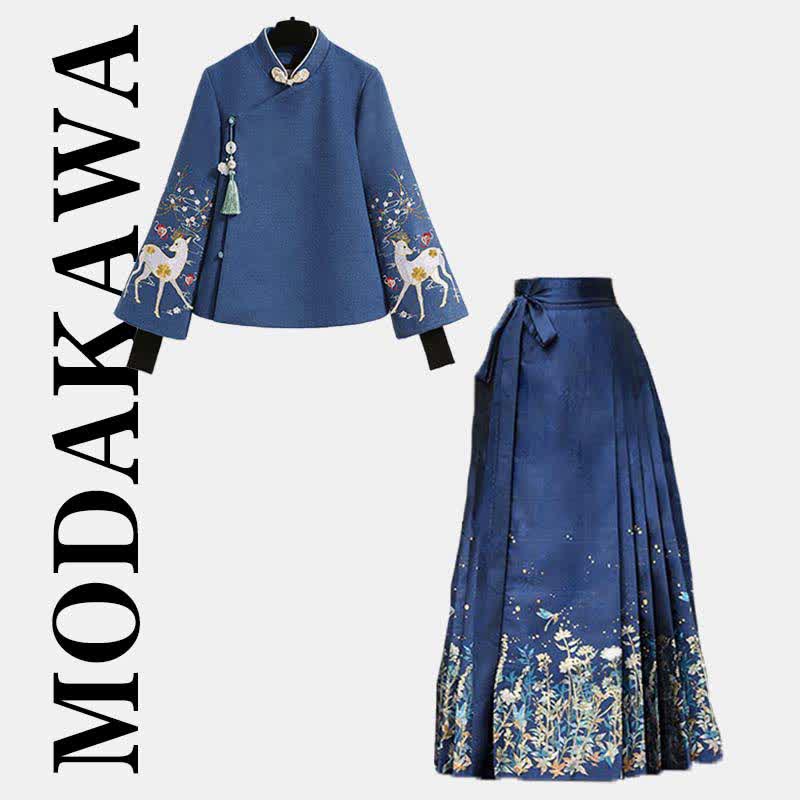 Vintage Blue Floral Embroidery Sweatshirt Pleated Skirt