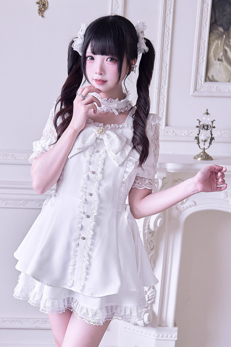White Short Sleeve Ruffled Bow Gothic Jirai Kei Dress Set