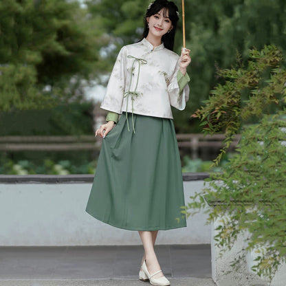 Vintage Bamboo Print Sweatshirt High Waist Pleated Skirt