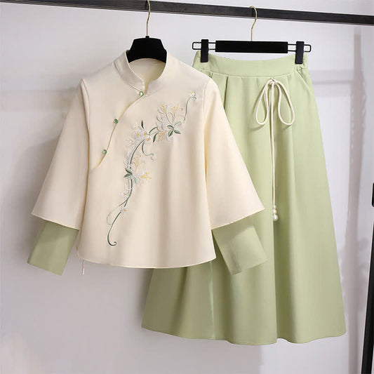 Flower Embroidery Sweatshirt Lace Up Skirt