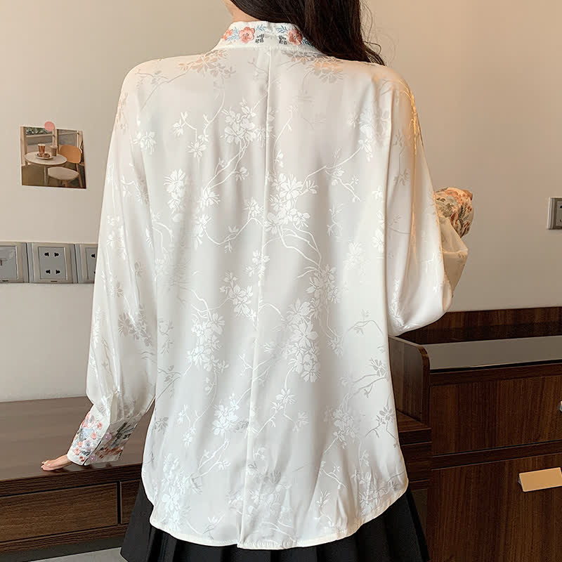 Chic Flower Embroidery Buckle Long Sleeve Shirt