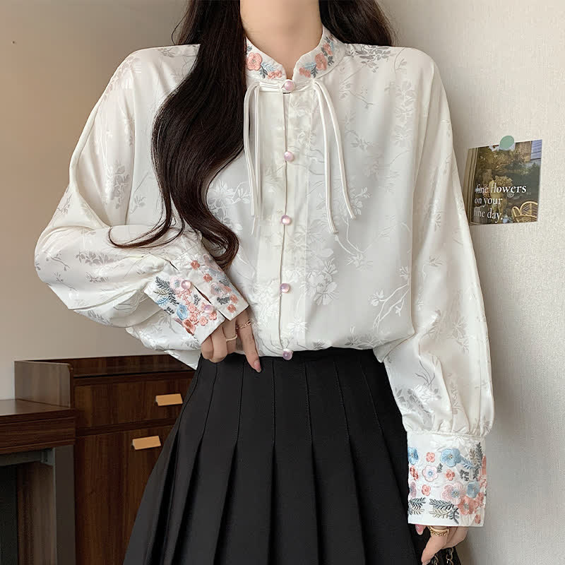 Chic Flower Embroidery Buckle Long Sleeve Shirt