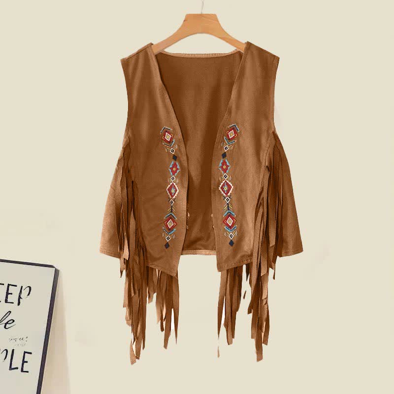 Boho Embroidery Fringed Vest Pleated Lapel Shirt Dress modakawa