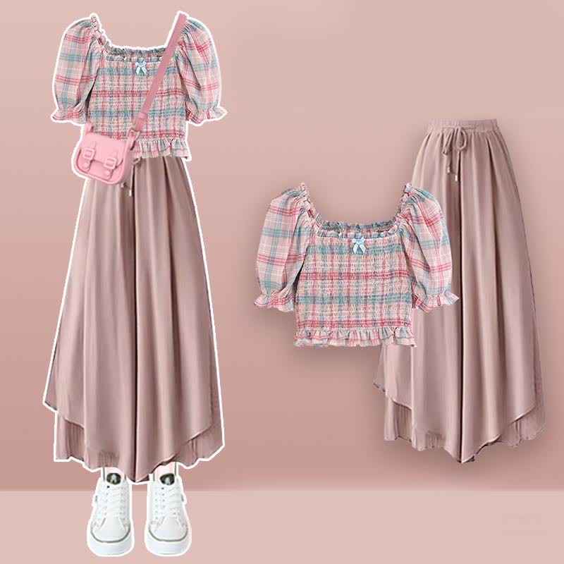 Sweet Pink Plaid Puff Sleeve Top T-Shirt Split Wide-leg Pants