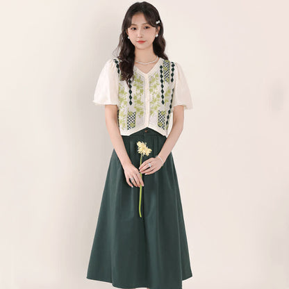 Green Graphic Embroidery Puff Sleeve T-Shirt High Waist Skirt