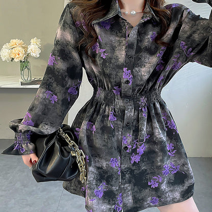 Vintage Purple Flowers Print Long Sleeve Shirt