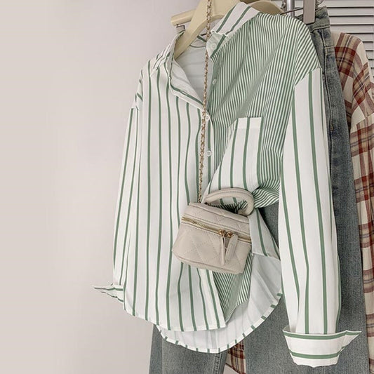 Stripe Green Long Sleeve Button Shirt